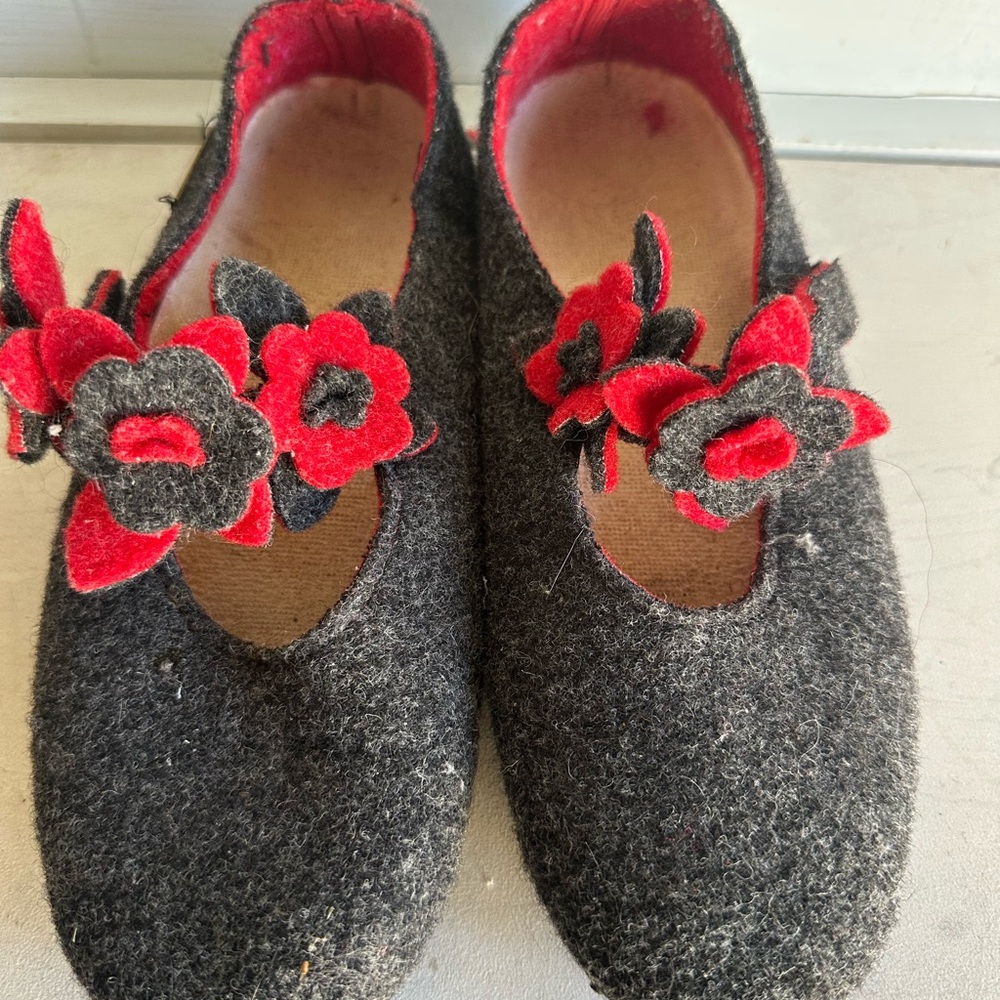 Haflinger Gray and Red Floral Women's Slippers